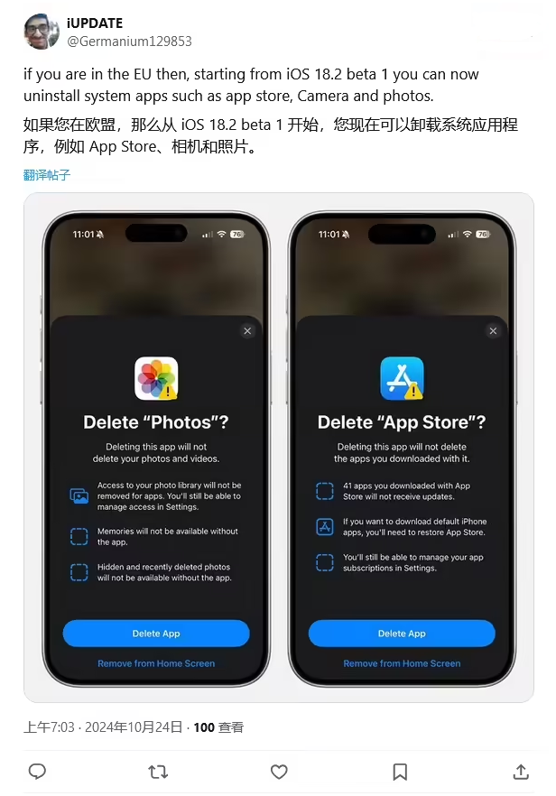 城西苹果手机维修分享iOS 18.2 支持删除 App Store 应用商店 